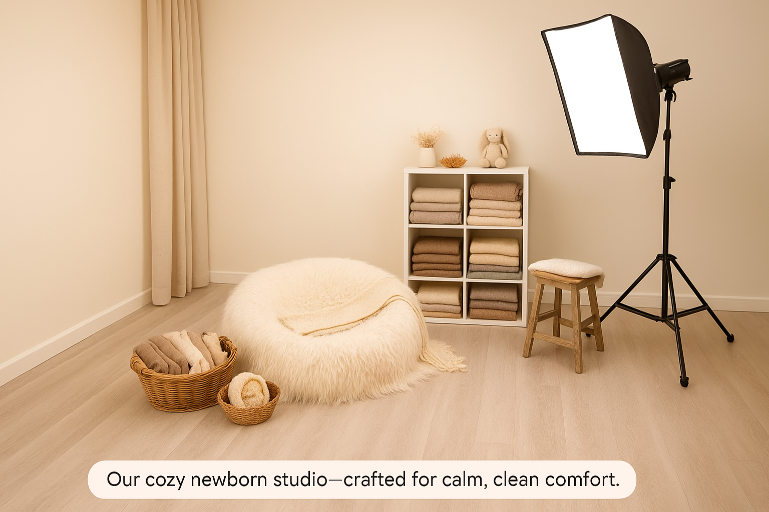 A cozy newborn photography studio with soft neutral tones A cozy newborn photography studio with soft neutral tones, featuring a fluffy cream beanbag, baskets of folded blankets, a shelving unit with neatly arranged props, and a professional softbox light—designed to provide a calm and baby-safe environment