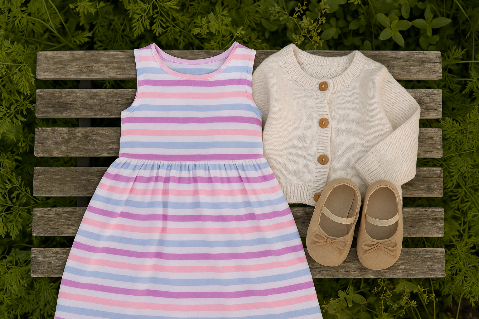 A flat lay photo of simple children’s outfit options A flat lay photo of simple children’s outfit options soft-toned dress, neutral baby shoes, and a cozy cardigan, laid out on a bed of greenery or a wooden bench