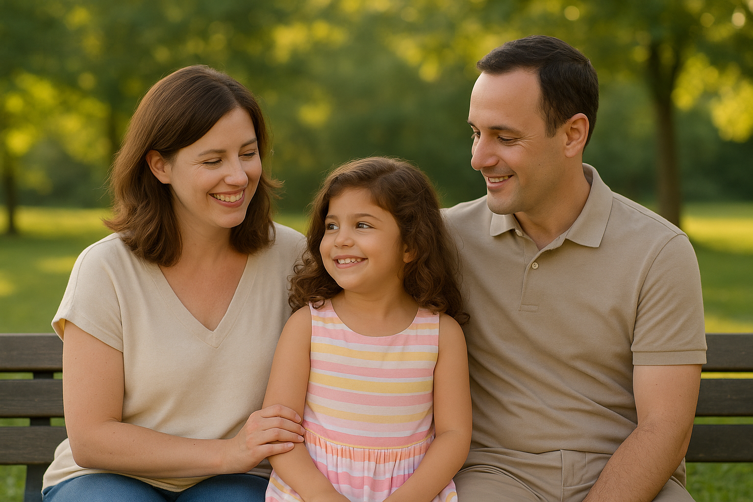 A natural light portrait of Tara and her parents A natural light portrait of a girl and her parents on a bench, smiling gently at each other.