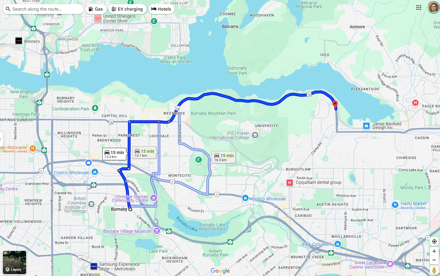 A small map icon or visual showing Burnaby and Port Moody with a short travel note A small map icon or visual showing Burnaby and Port Moody with a short travel note