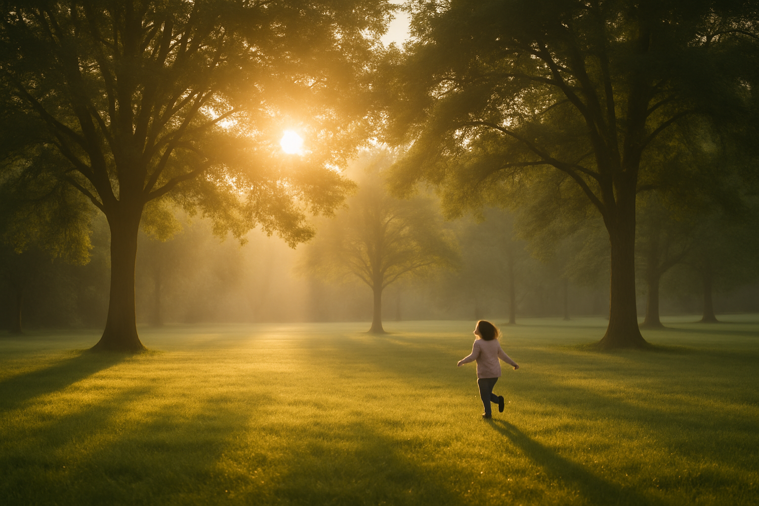 A wide shot showing the warm glow of early morning sun through trees A wide shot showing the warm glow of early morning sun through trees, with a child running through grass in the distance.
