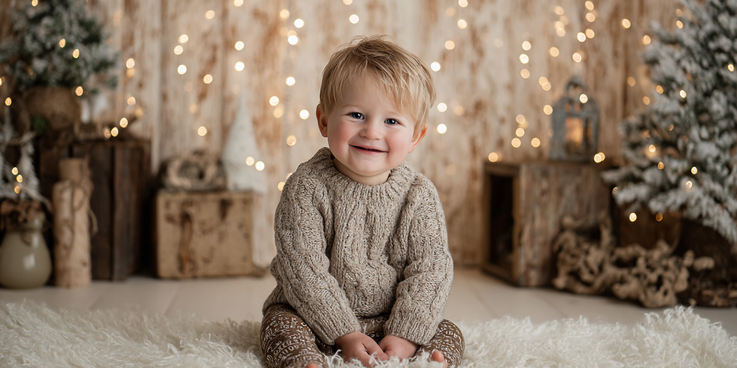 A toddler in a festive sweater poses in a cozy Christmas-themed studio setup with soft lights, a decorated tree, and holiday props on a white fur rug.