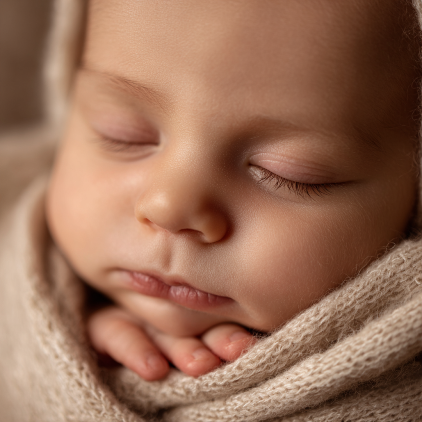 A close-up image of a sleeping newborn baby swaddled in cream fabric, showing delicate facial details and soft skin tones in an airy, editorial-style studio.