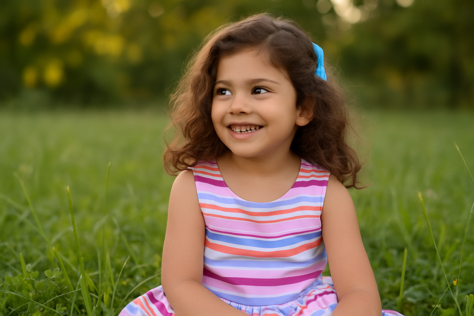 Close-up of Tara sitting in the grass Close-up of a little girl sitting in the grass, slightly off-center in the frame, smiling without looking directly at the camera.