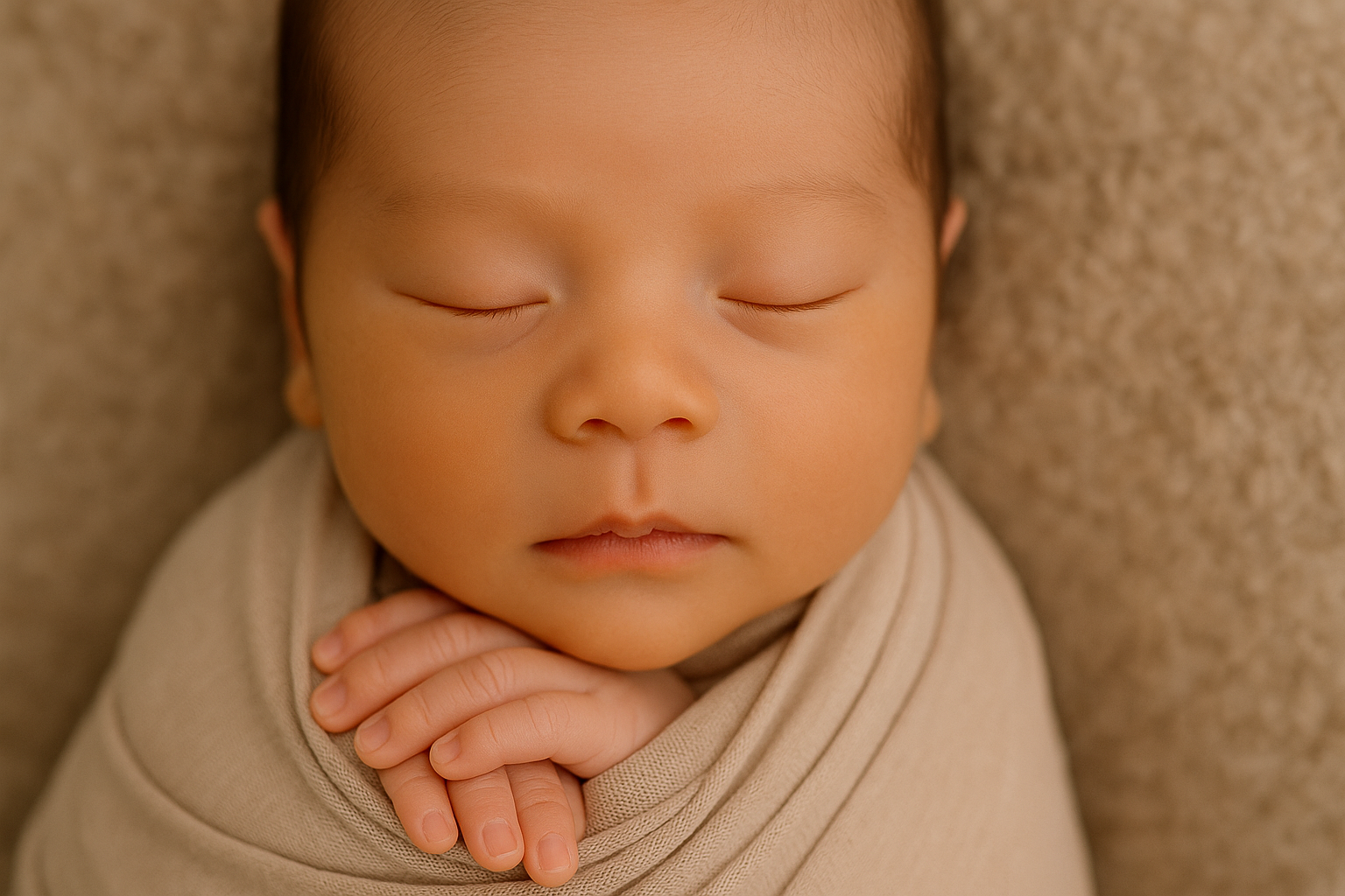 Close-up of a newborn baby sleeping peacefully, swaddled in a soft beige wrap Close-up of a Baby Photography Burnaby sleeping peacefully, swaddled in a soft beige wrap with hands gently folded under the chin, set against a textured neutral blanket. The baby’s delicate facial features and smooth skin are highlighted by warm, natural lighting