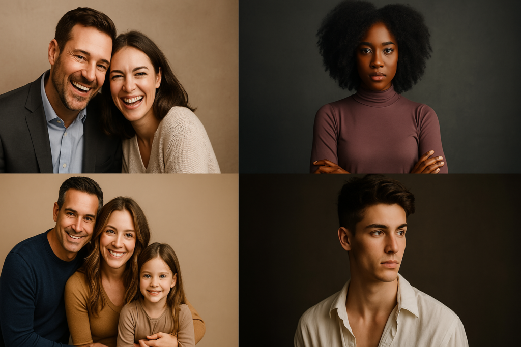 Collage of professional studio portraits featuring a laughing couple, a confident woman with natural hair, a smiling family of three, and a young man with a thoughtful expression captured by Artin portrait photography Vancouver