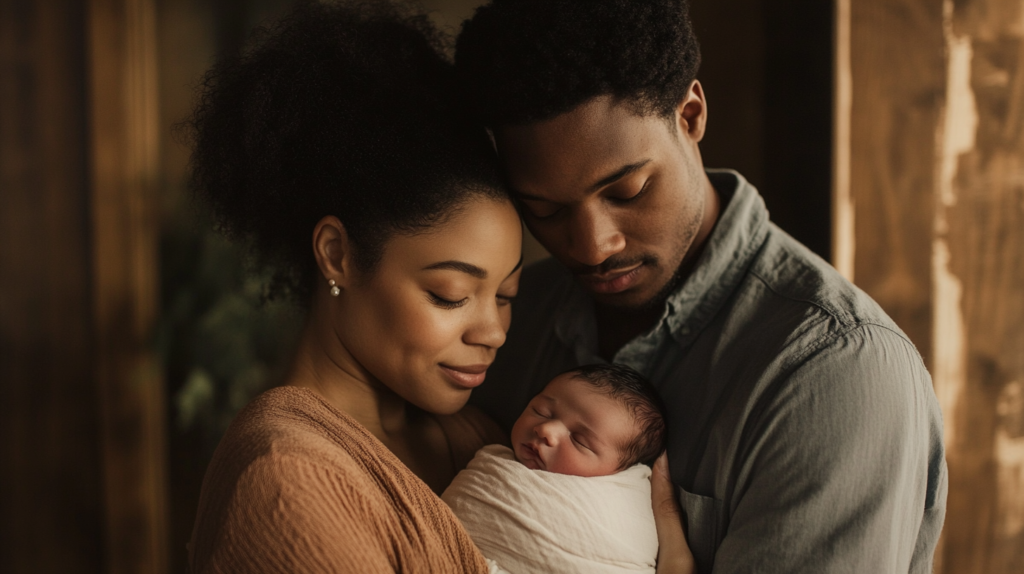 Cozy indoor portrait of new parents gently cradling their swaddled newborn, all three with peaceful expressions in warm, soft lighting in a portrait photography Vancouver studio