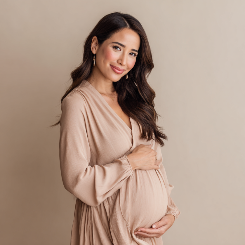 A pregnant woman in a flowing blush gown stands in profile, holding her belly with both hands under soft studio lighting in an elegant maternity photoshoot.