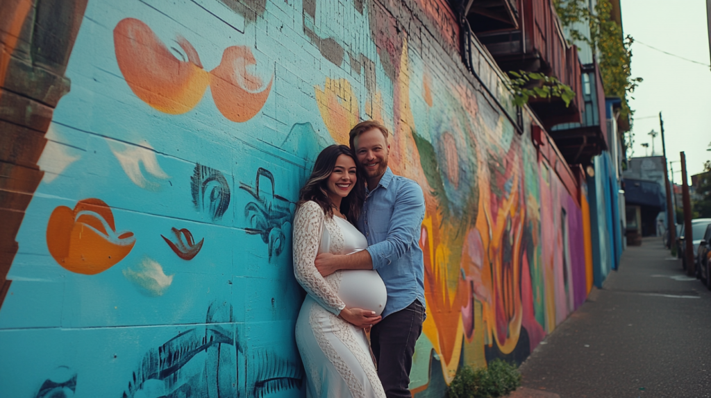 Expecting couple posing in front of colorful mural captured by Artin portrait photography Vancouver