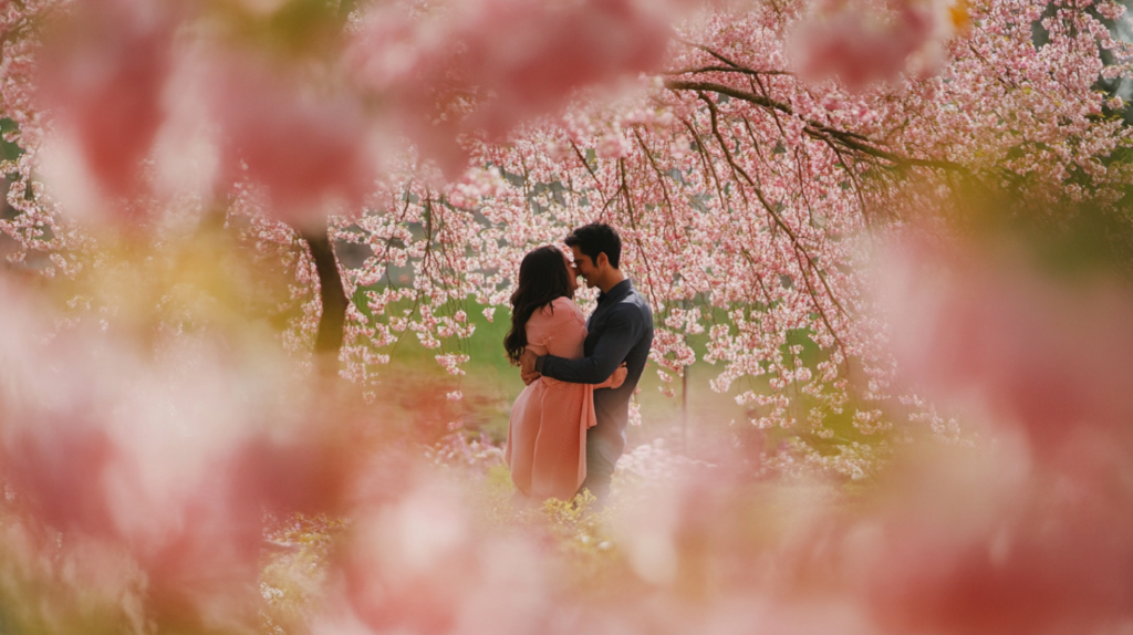 Family portrait session under blooming cherry blossoms by a portrait photography Vancouver studio