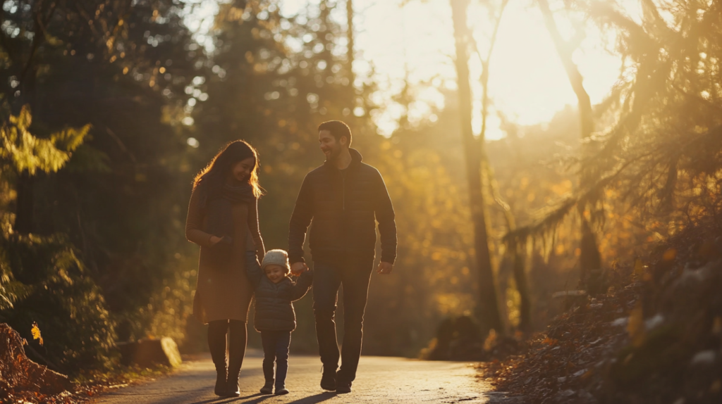 Family walking through a sunlit park trail in Vancouver at golden hour, smiling, candid moment