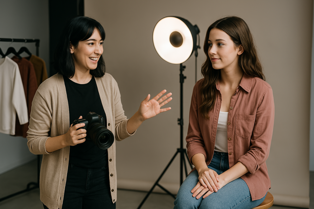 Female photographer with dark hair holding a camera and giving direction to a young woman seated on a stool in a professional studio with lighting equipment in the background.