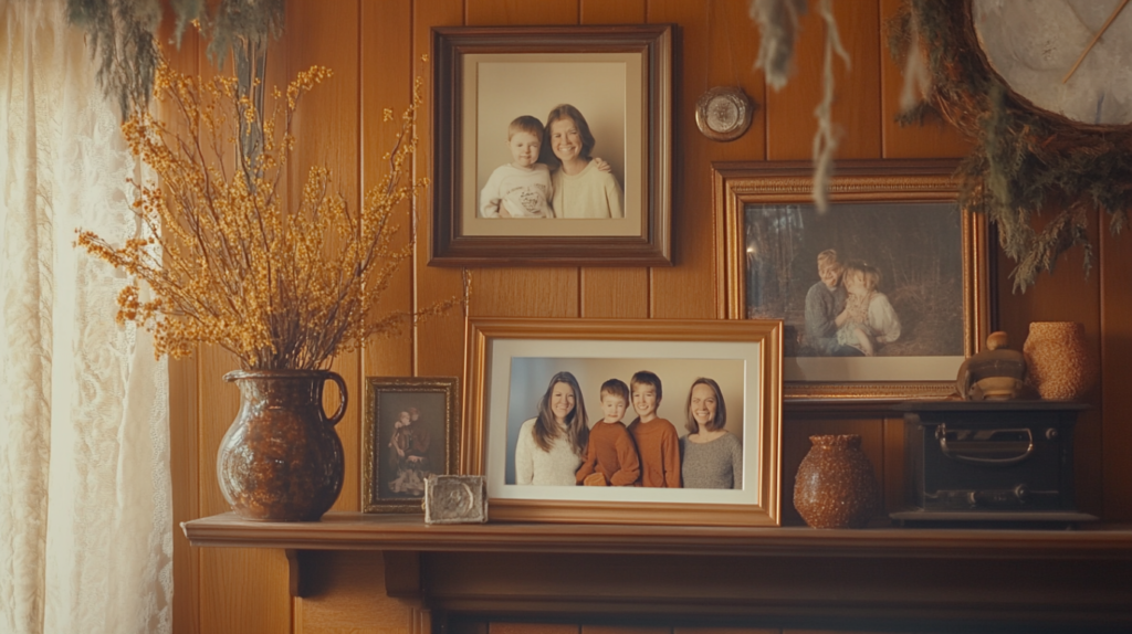 Framed family portraits displayed on a cozy wooden mantle with warm tones, dried floral arrangements, and soft natural light filtering through lace curtains.
