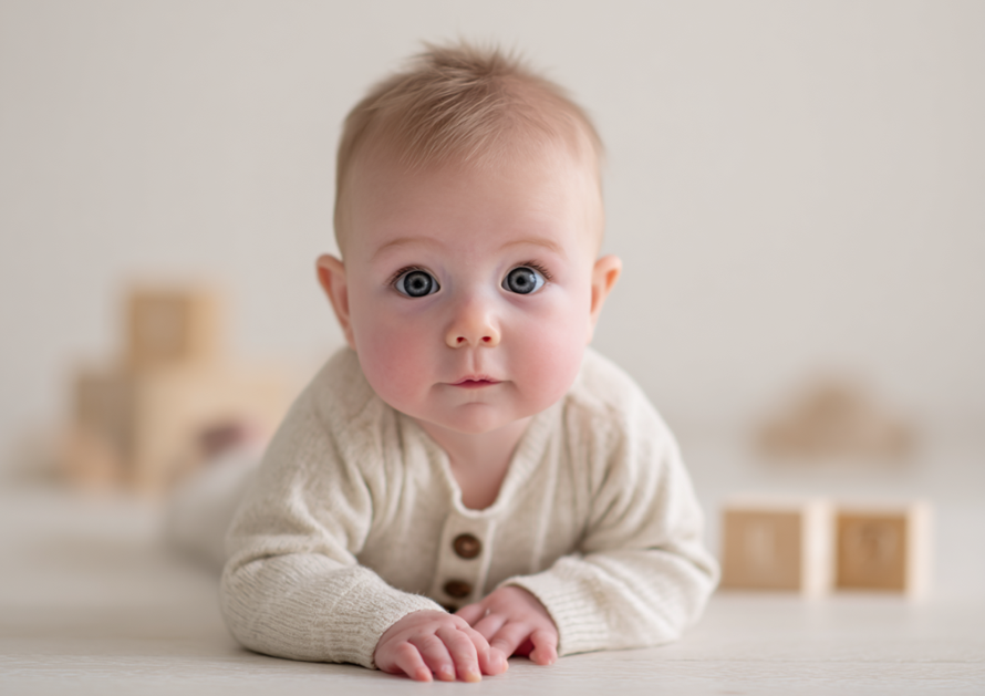 Four month old baby boy crawling with some wooden toys in background