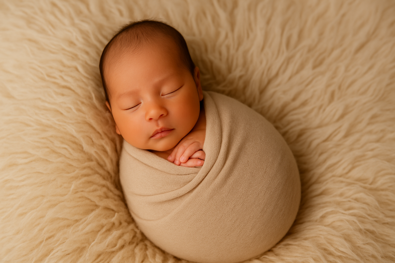 Full-body image of a newborn baby peacefully sleeping, wrapped snugly in a light beige swaddle Full-body image of a newborn baby peacefully sleeping, wrapped snugly in a light beige swaddle, resting on a fluffy cream-colored blanket. The baby’s hands are gently tucked near the chest, with eyes closed and a calm, serene expression