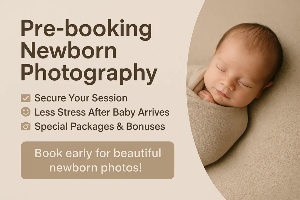 Graphic promoting pre-booking newborn photography featuring a sleeping baby wrapped in beige on the right, with bold text on the left listing benefits such as 'Secure Your Session', 'Less Stress After Baby Arrives', and 'Special Packages & Bonuses', alongside a call-to-action button reading 'Book early for beautiful newborn photos!