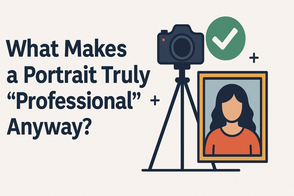 Illustration of a camera on a tripod beside a framed female portrait with text that reads, "What Makes a Portrait Truly 'Professional' Anyway?" and a green checkmark icon.