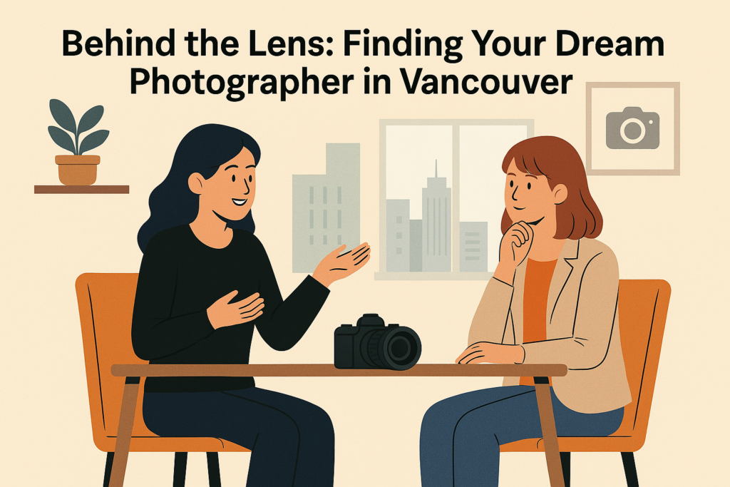 Illustration of two women sitting at a table with a camera between them, having a friendly consultation, with the text "Behind the Lens: Finding Your Dream Photographer in Vancouver" displayed above.