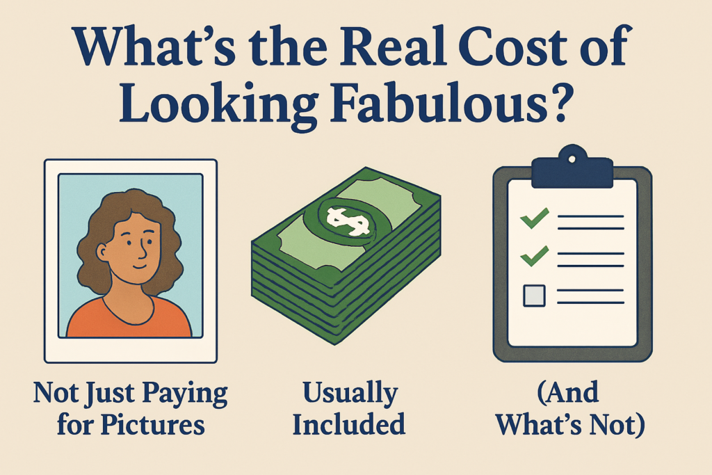 Illustration with the title "What’s the Real Cost of Looking Fabulous?" showing a portrait icon labeled "Not Just Paying for Pictures," a stack of money labeled "Usually Included," and a checklist labeled "(And What’s Not)."