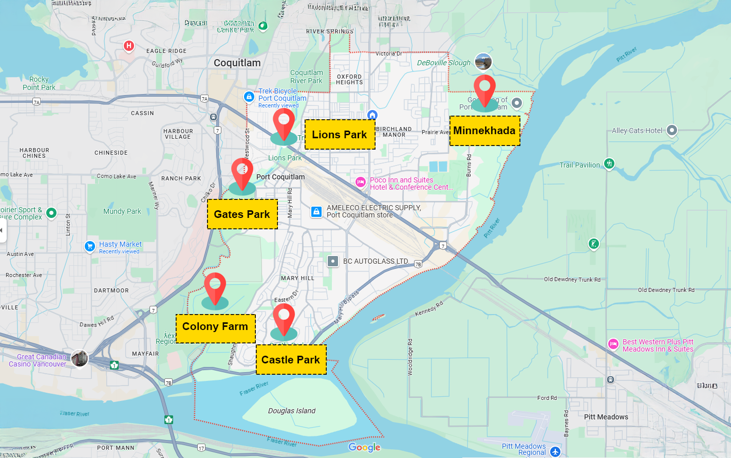 Map of Port Coquitlam showing best spots for kids and newborn photography Map of Port Coquitlam showing best spots for kids and newborn photography