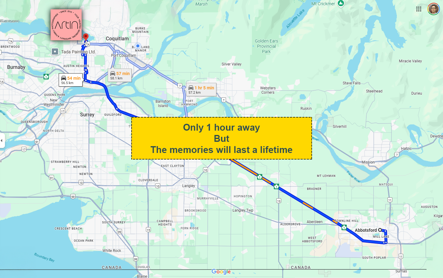 Maps-A minimalist map showing Abbotsford and Port Moody with a gentle path line between them A minimalist map showing Abbotsford and Port Moody with a gentle path line between them and a note:
“Only 1 hour away—but the memories will last a lifetime.”