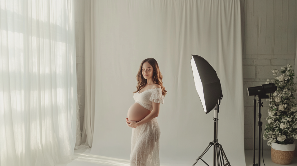 Maternity portrait of a pregnant woman in a white lace dress standing in a softly lit photography studio with professional lighting and white curtains.