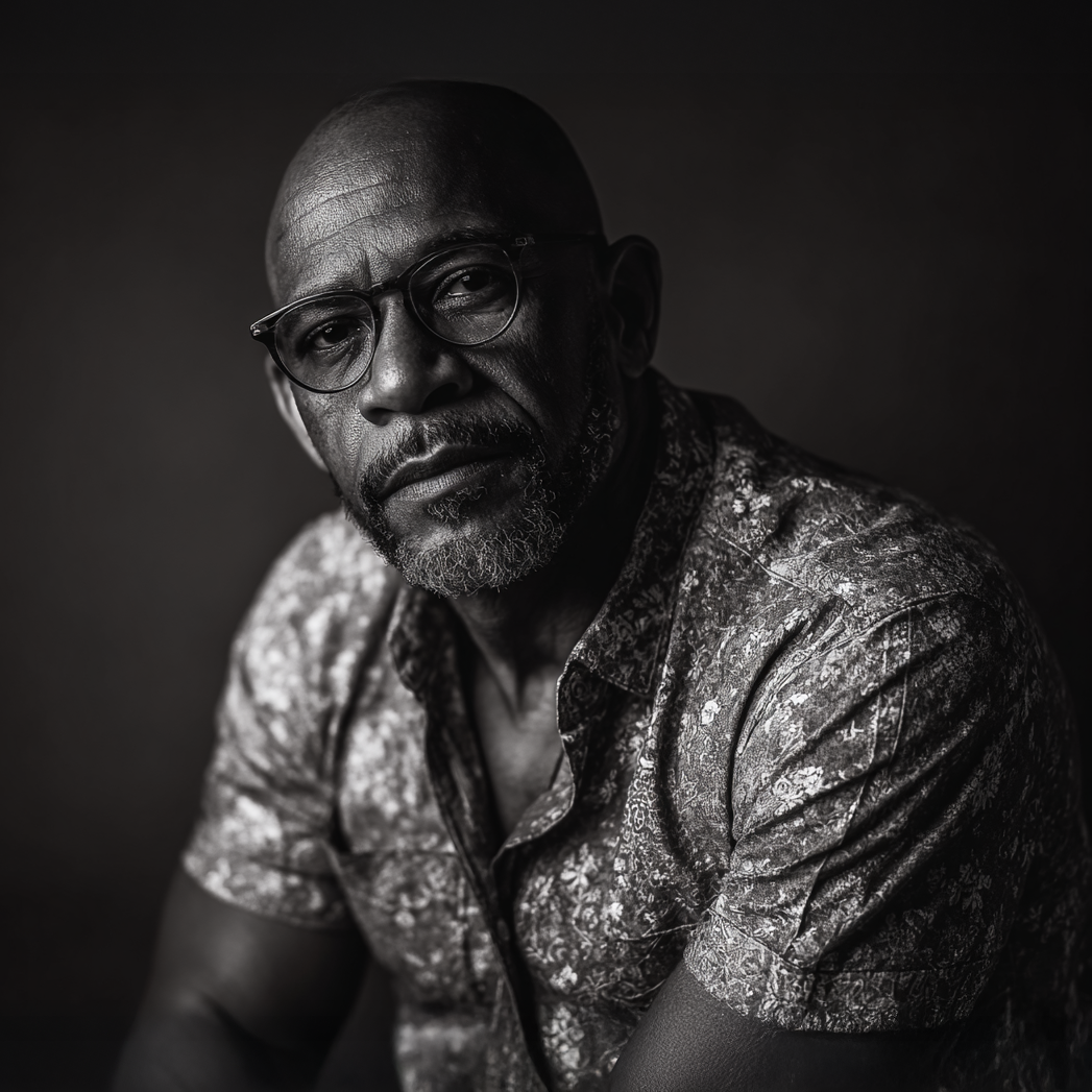 Middle-aged man posing confidently for a professional half-body portrait in a studio setting with soft lighting.