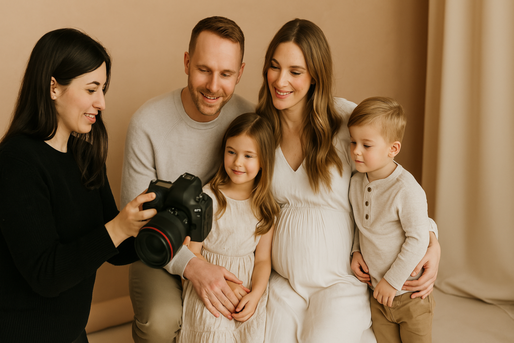 Photographer reviewing family portrait proofs on a laptop with a new parent in a cozy Vancouver studio setting