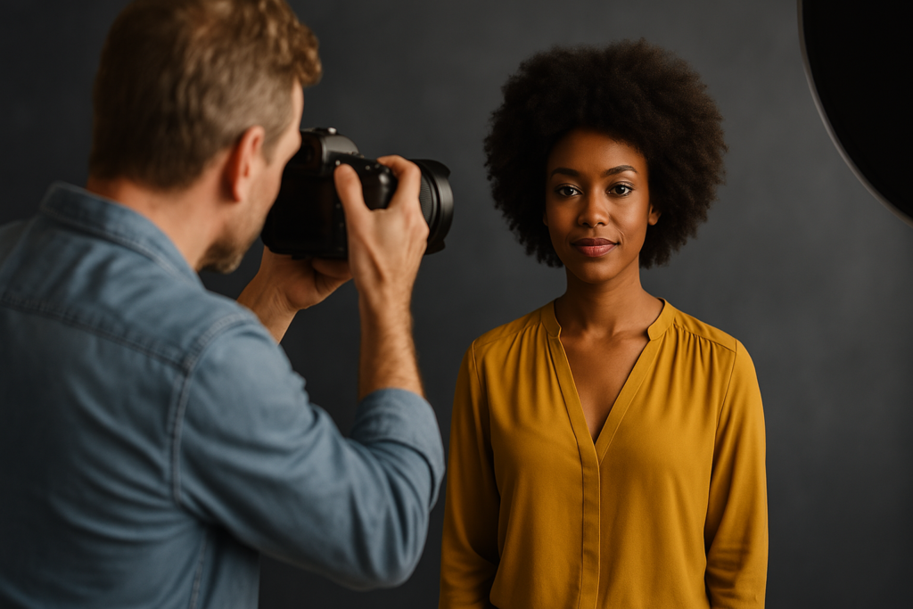 Photographer taking a portrait of a confident woman with natural hair, wearing a mustard yellow blouse, in a professional studio with dark background in a portrait photography Vancouver studio.