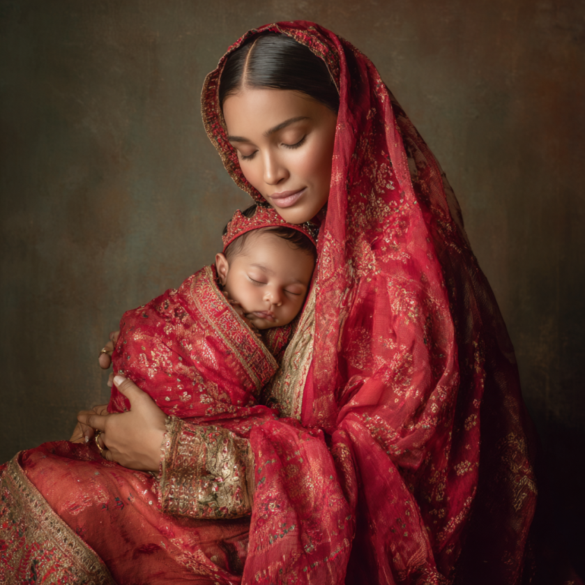 A Punjabi mother lovingly cradles her newborn daughter while wearing a vibrant red phulkari dupatta, surrounded by traditional props in a studio setup.