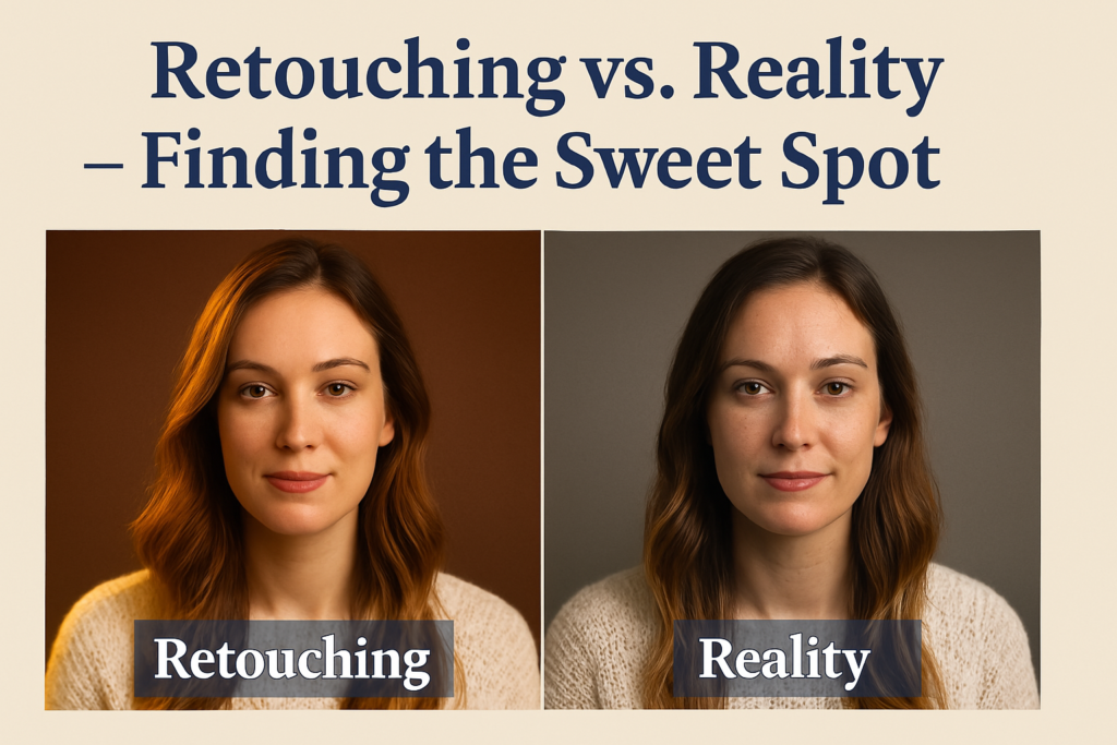 Side-by-side portrait comparison of a woman, with one image labeled "Retouching" showing enhanced lighting and skin smoothing, and the other labeled "Reality" showing a natural, unedited version, under the title "Retouching vs. Reality – Finding the Sweet Spot."