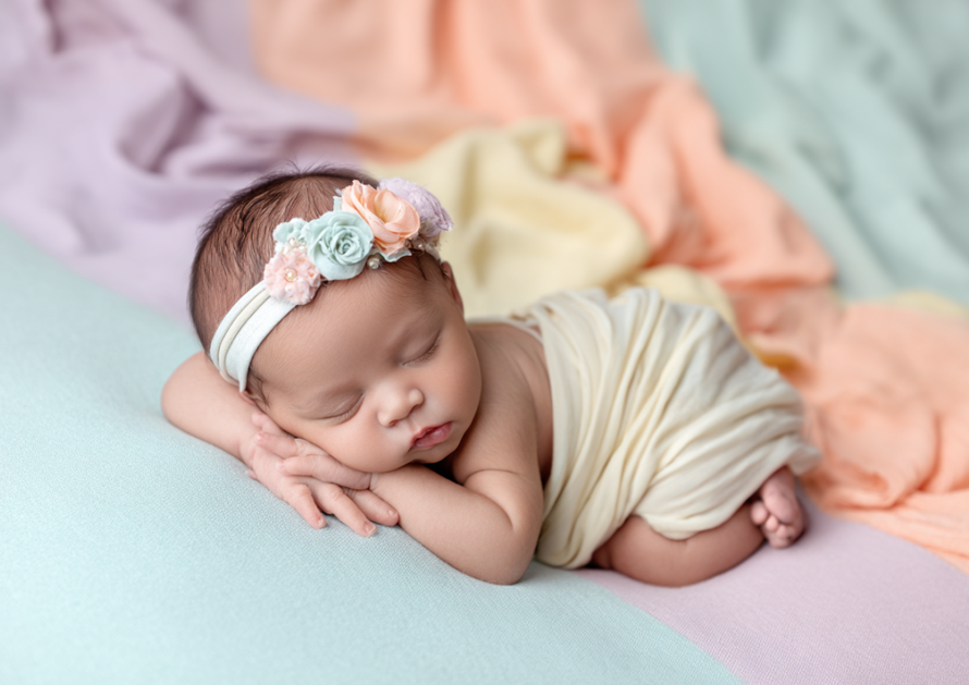 Side lying pose of a newborn baby girl with a floral headband on a mild pastel colored theme