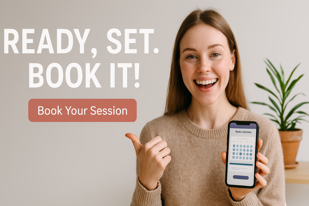 Smiling woman pointing at a smartphone displaying a booking calendar, with large text beside her that reads "Ready, Set. Book It!" and a button labeled "Book Your Session."