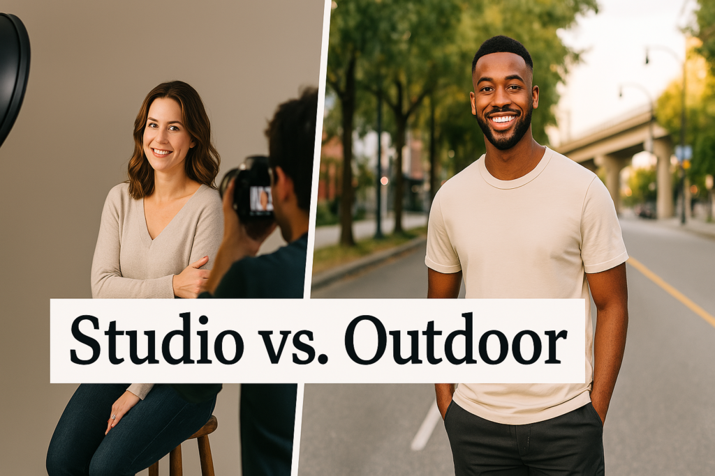 Split image showing a woman being photographed in a studio on the left and a man smiling outdoors on a city street on the right, with the text "Studio vs. Outdoor" across the center.
