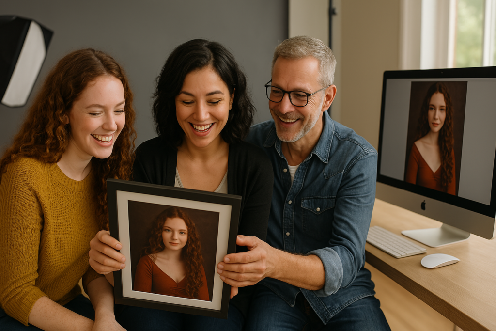 Three people smiling and admiring a framed portrait of a young woman with curly red hair, with the same image displayed on a computer screen in a bright photography studio.