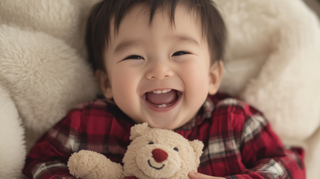 Toddler laughing and clutching their favorite toy captured by Artin portrait photography Vancouver