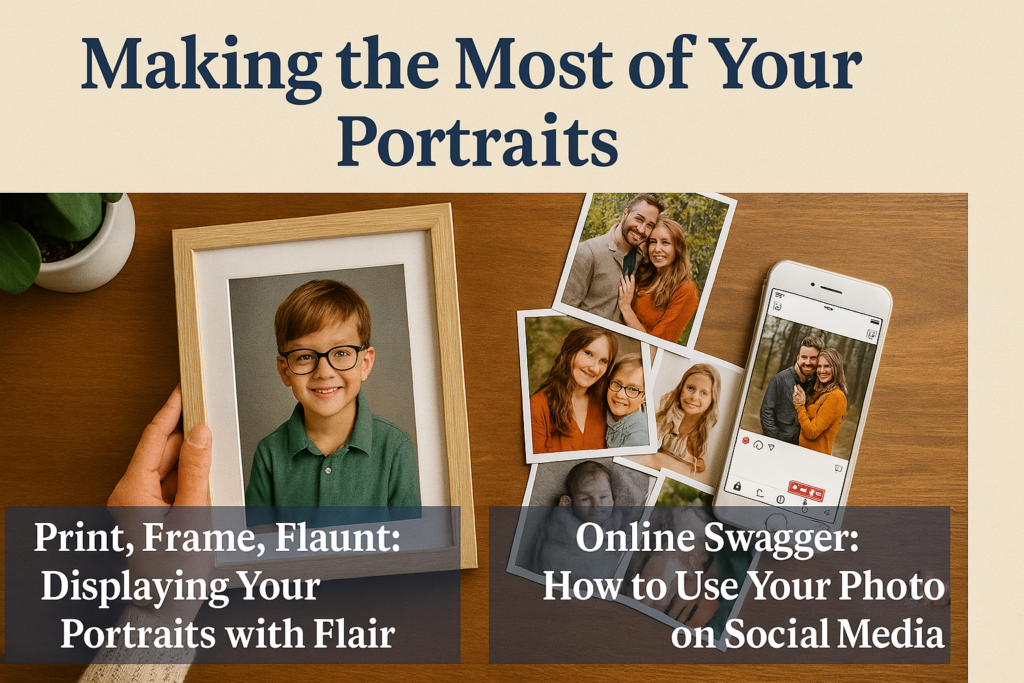 Visual split showing a hand holding a framed portrait of a young boy on one side and printed family photos next to a smartphone displaying an Instagram post on the other, under the title "Making the Most of Your Portraits."