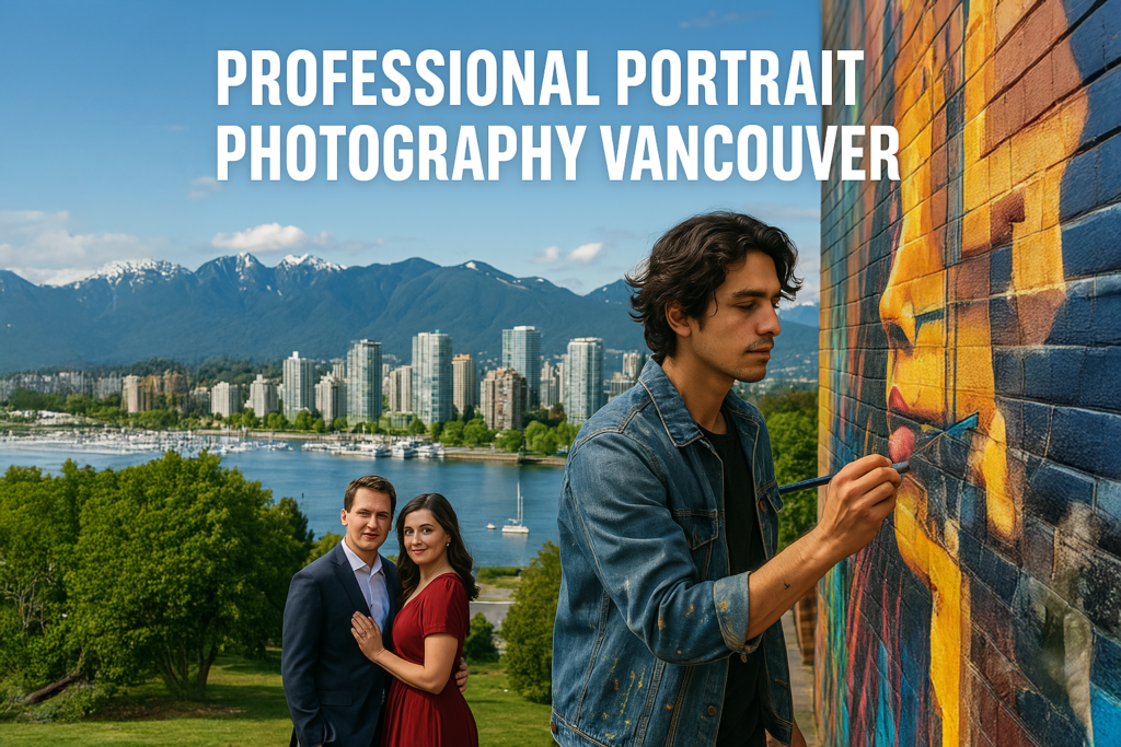 Vancouver cityscape with a mural artist painting on a colorful wall in the foreground and a professionally dressed couple posing in a scenic park, with the text "Professional Portrait Photography Vancouver" displayed at the top.