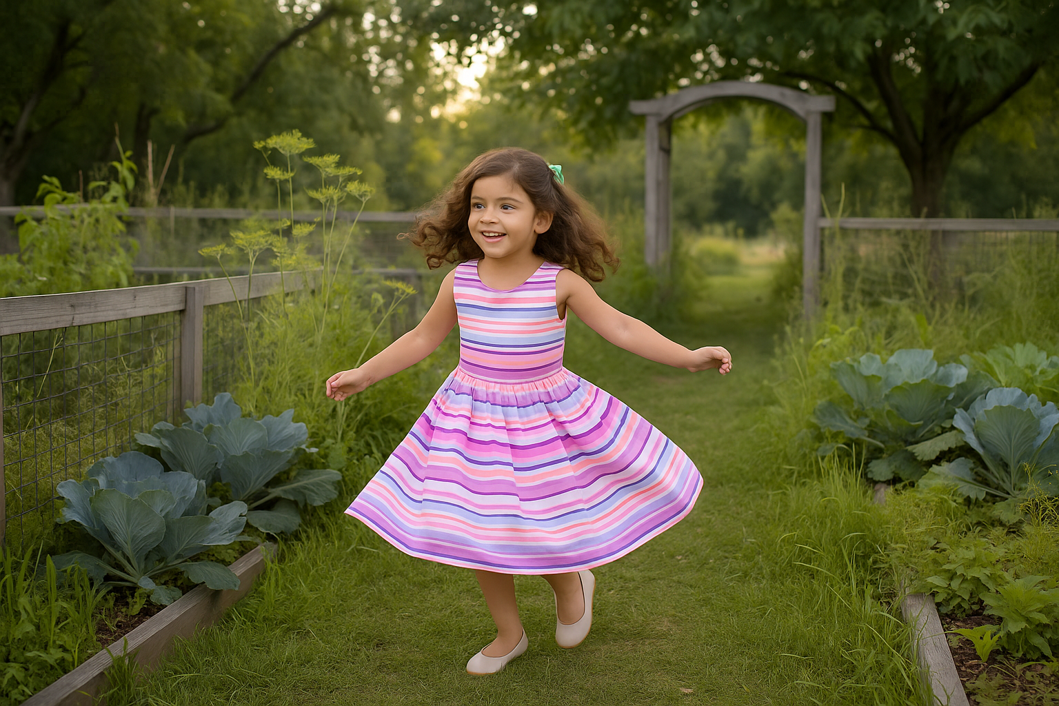 Wide-angle shot of Tara twirling or skipping in the garden Wide-angle shot of a girl twirling or skipping in the garden, trees framing the background