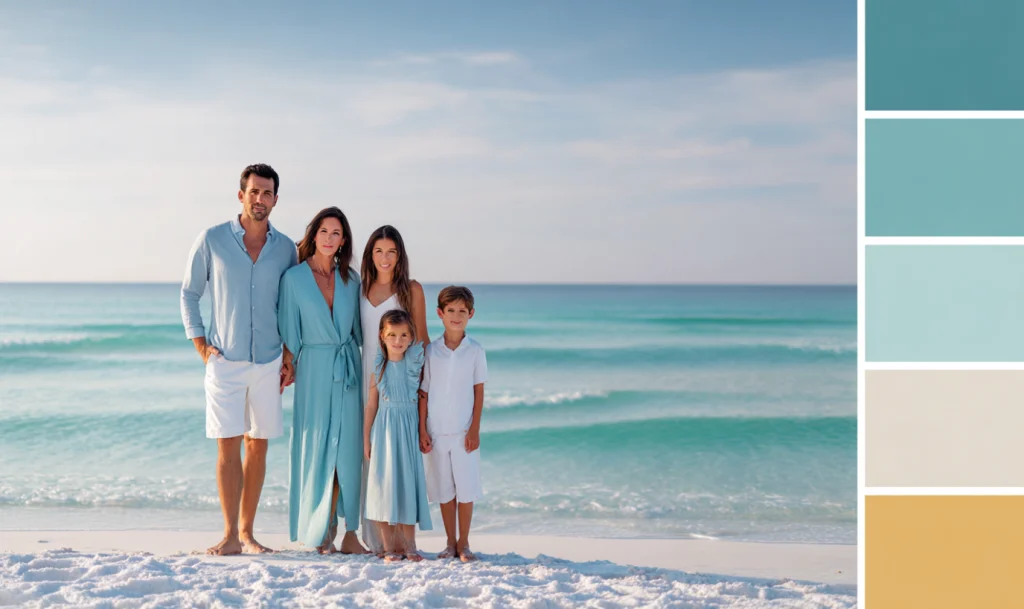 Family posing barefoot on the beach in coordinated blue and white outfits with ocean backdrop and beach-themed color palette.