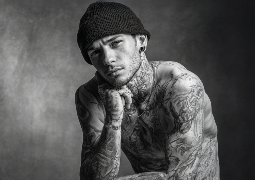 black and white image of a young male with tattoed body posing for a professional portrait on a soft bright background
