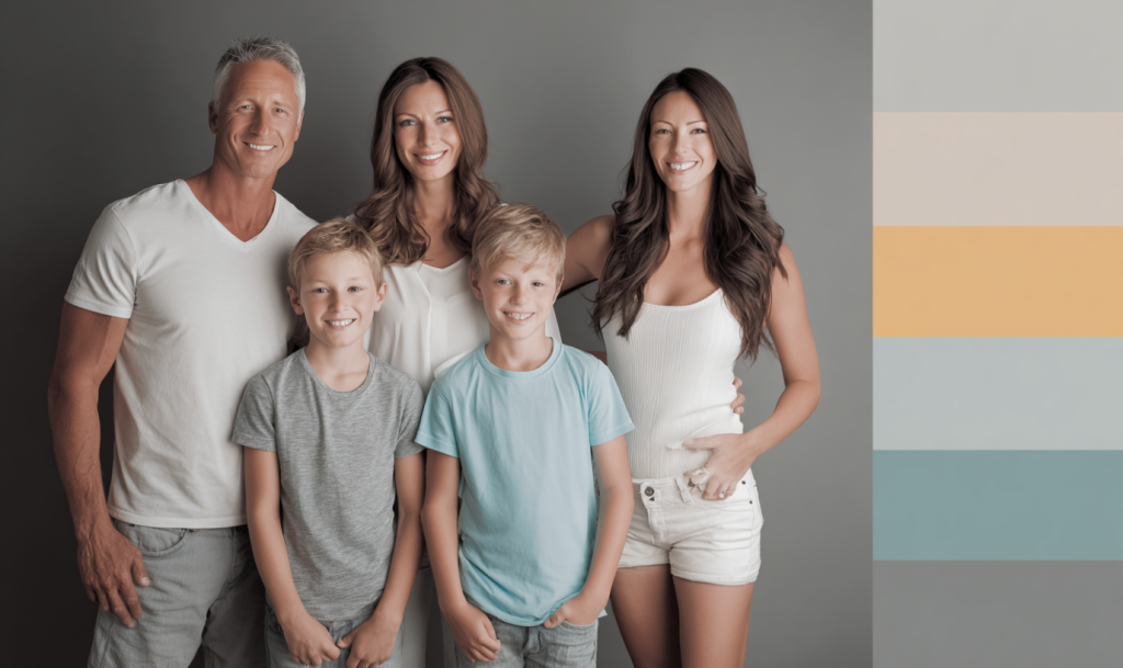 Family posing in a studio wearing casual outfits in neutral and pastel tones, perfect for relaxed portraits.