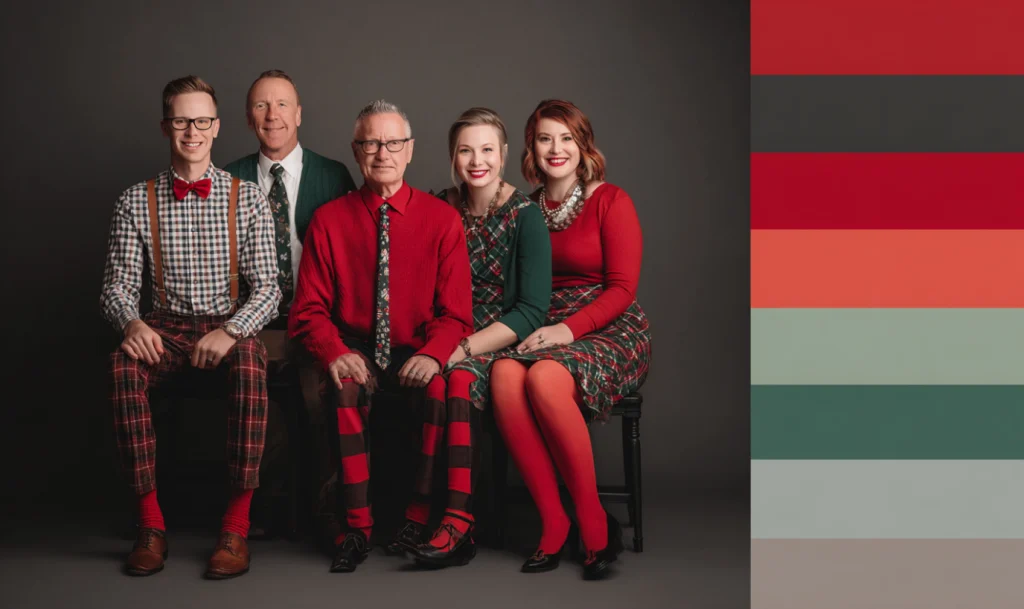 Family posing for a professional studio photo in coordinated Christmas outfits with red and green color palette.