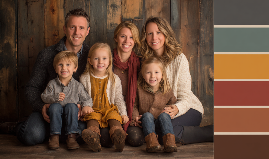Family posing in a professional studio with rustic wood backdrop, wearing cozy fall outfits in mustard, cream, and earthy tones.
