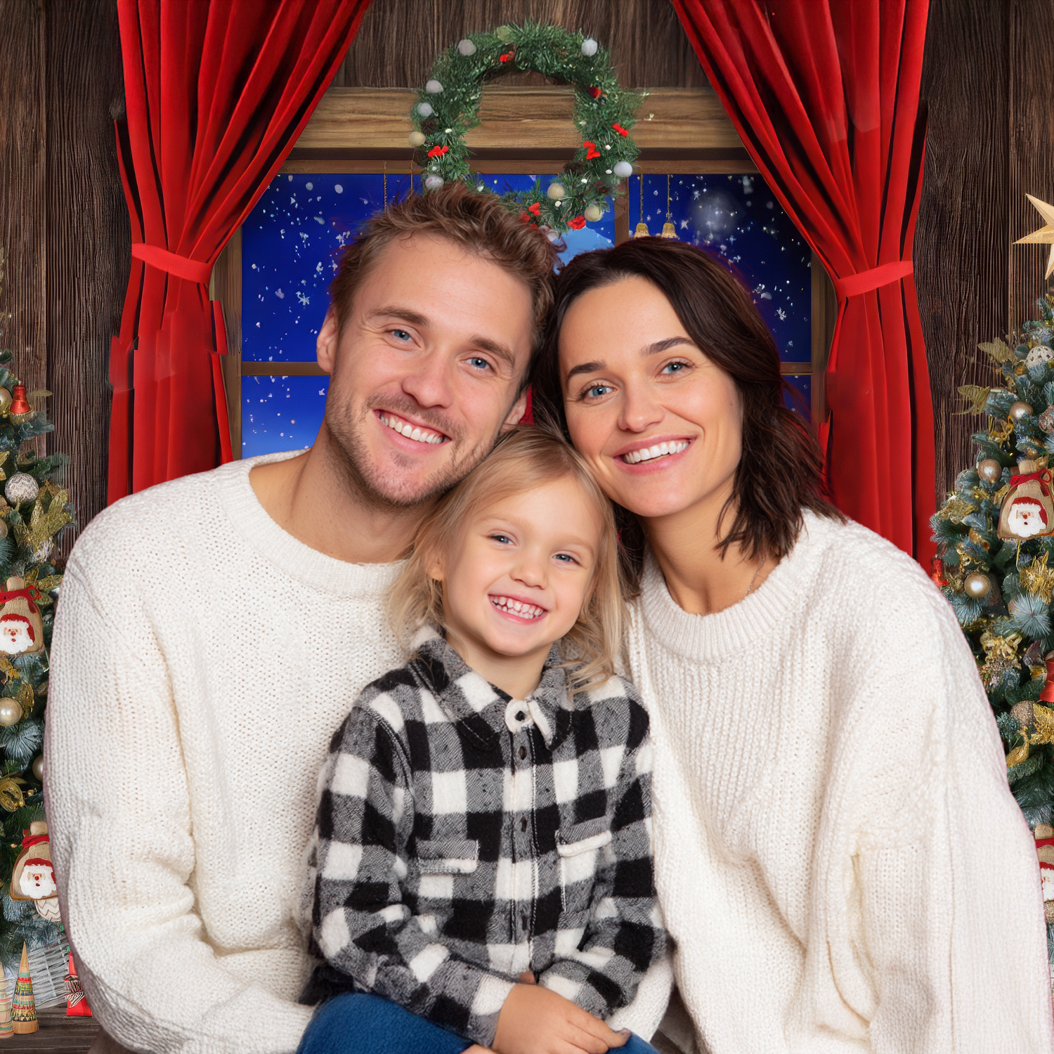 Family Christmas Portrait with Festive Backdrop Smiling family posing for a Christmas portrait in front of a festive backdrop with wreath, red curtains, and decorated trees.