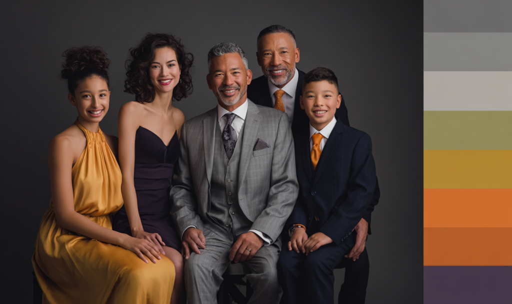 Family posing in a professional studio wearing formal outfits, including suits and elegant dresses in coordinated jewel tones.