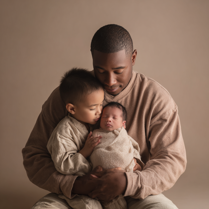 A young father smiles gently as his toddler son holds their newborn baby girl during a warm family portrait session in a professional photo studio.