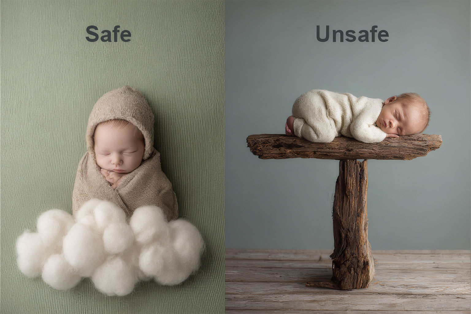 Safe composite newborn pose compared with unsafe balancing pose