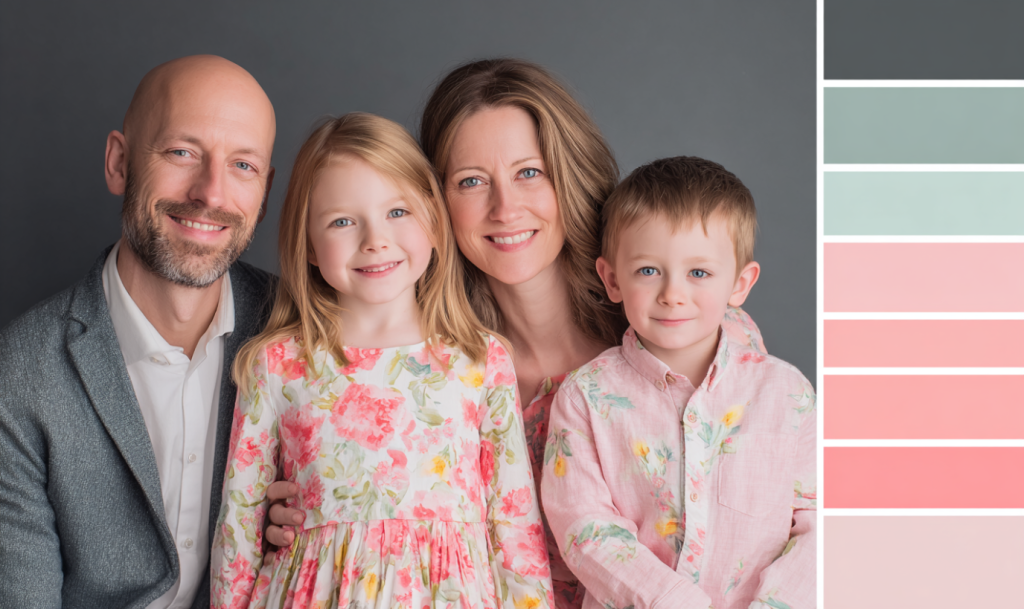 Family posing in a studio wearing coordinated spring outfits in floral patterns and pastel pinks and greens.