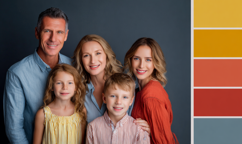 Family posing in a studio with coordinated summer outfits in yellow, coral, and light blue tones for a fresh seasonal look.